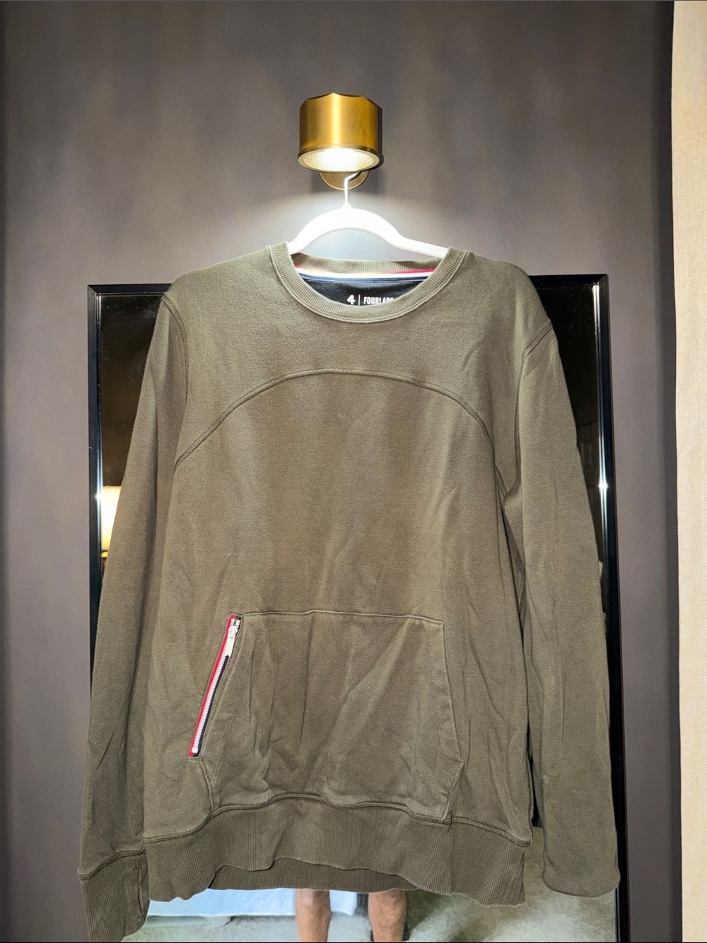 Fourlaps Men’s Olive Green Crewneck Sweatshirt Zip Pocket Size Medium
